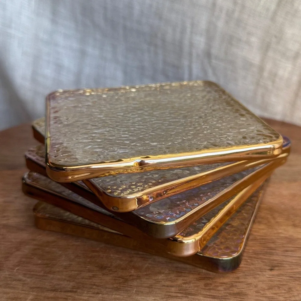 Anthropologie Zaza Coasters Set of 5 Gold Lustered Hammered Bubble Glass Barware